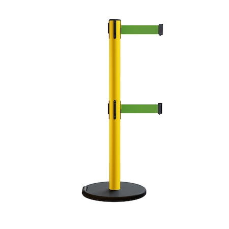 Montour Line Retractable Belt Dbl Rolling Stanchion, 2.5ft Yellow Post 11ft. Green P400DRL-YW-GN-110